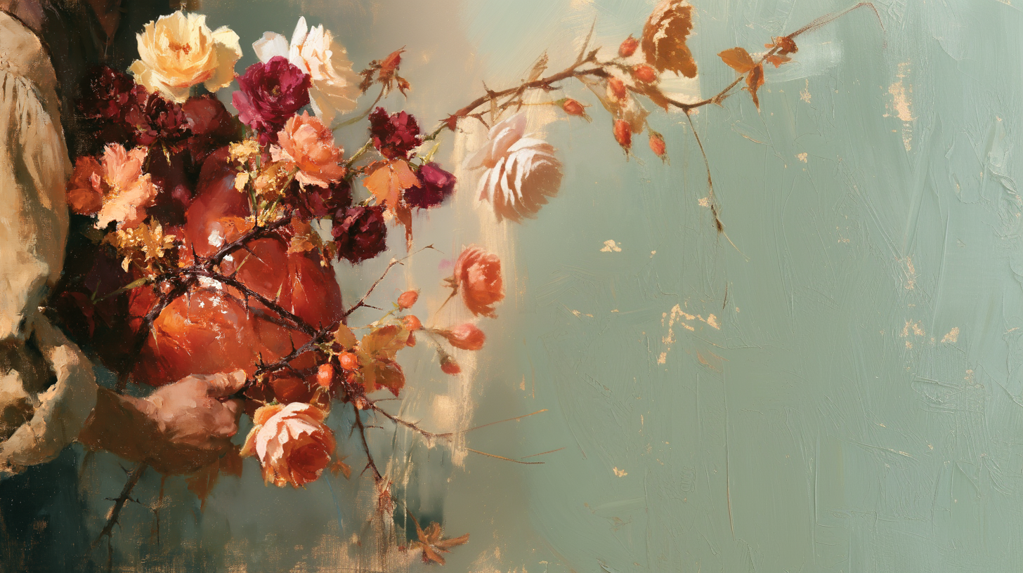 Oil painting of roses, thorns, and hands cradling a heart
